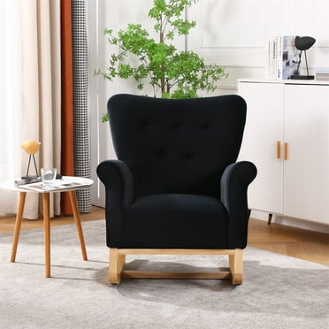 Velvet Rocking Chair, Modern Upholstered Accent Chair with Wing Backrest and Rubber Wood Legs, Comfortable Rocker with Padded Seat, High Back Glider Rocking Armchair for Living Room Bedroom, Black
