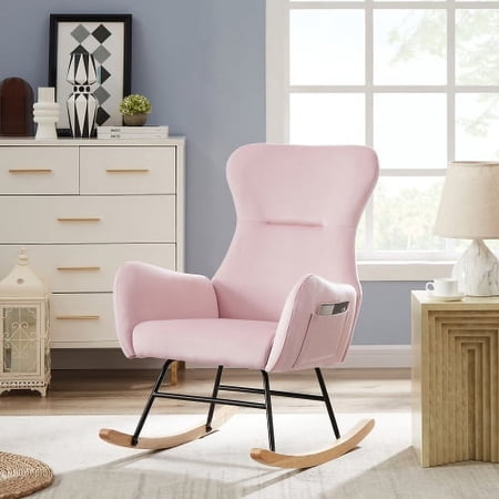 Velvet Rocking Chairs, Glider Rocker for Baby Nursery with Solid Wood Base, Modern Accent Armchair with High Backrest, Pink