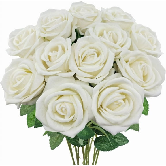 Velvet Rose Artificial Flowers with Long Stems, Real Touch Fake Roses Florals for Valentine's DIY Wedding Bouquet Party Table Centerpiece Home Arrangement Decorations (White)