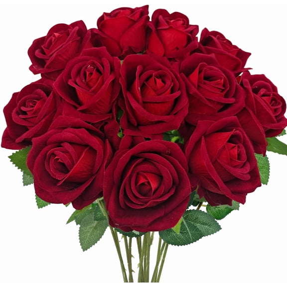 Velvet Rose Artificial Flowers with Long Stems, Real Touch Fake Roses Florals for Valentine's DIY Wedding Bouquet Party Table Centerpiece Home Arrangement Decorations (Dark Red)