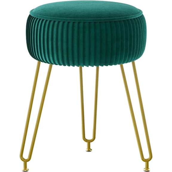Velvet Round Footrest Stool Ottoman, Makeup Vanity Stool Side Table, Velvet Dressing Table Seat, Pouf Couch Stool, Golden Steel Legs, Green LG-30L