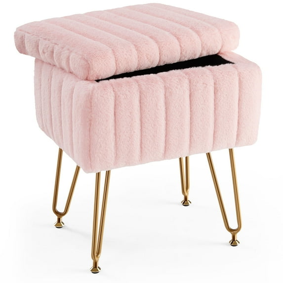 Velvet Round Ottoman, Modern Vanity Stool with Golden Metal Legs, Upholstered Makeup Stool Footrest for Living Room Bedroom, Dressing Table Seating - Pink