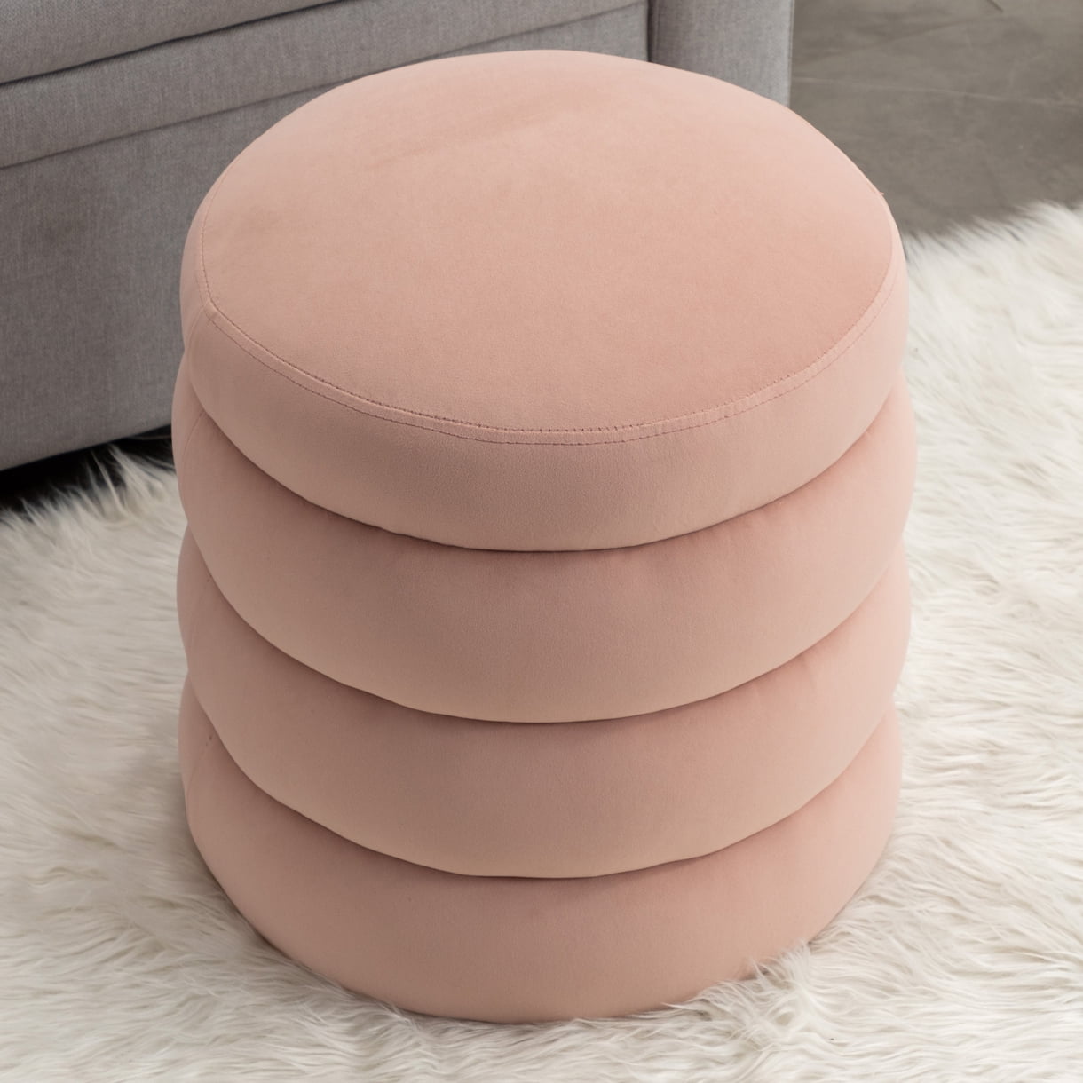 Velvet Round Ottoman, Upholstered Footrest Stool Compact Size Footstool ...