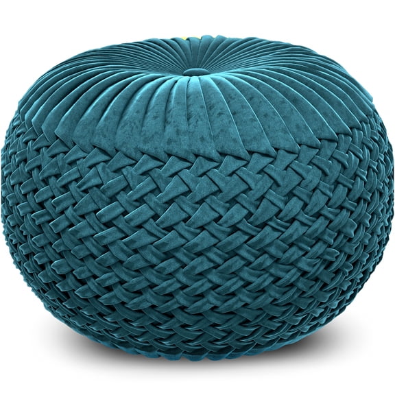 Velvet Round Pouf Ottoman in Teal Blue, Plush Footrest Stool with Button Tufted Top for Living Room