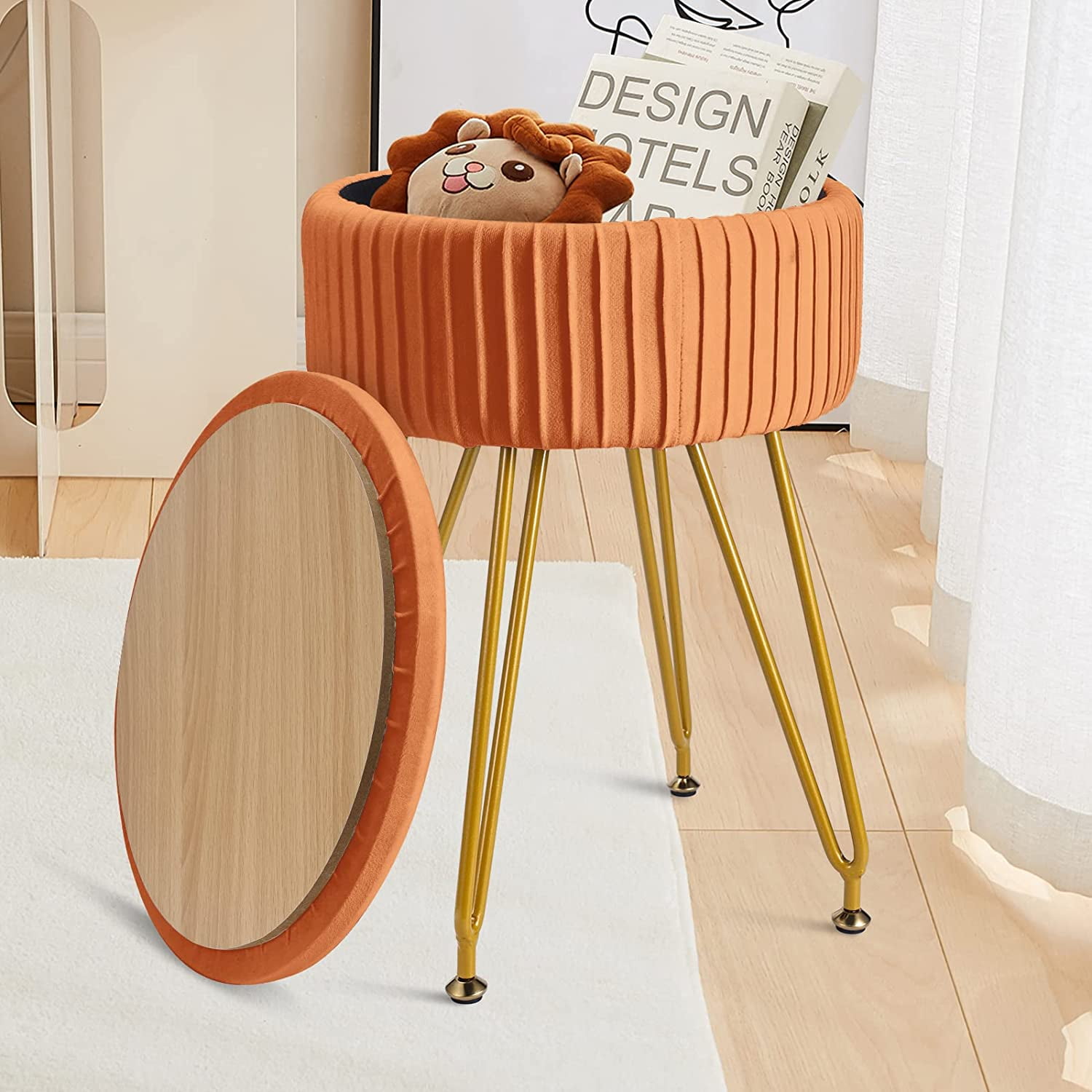 Velvet Round Storage Ottoman with Metal Legs, Removable Tray Cover