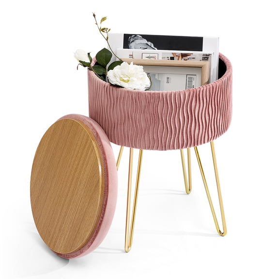 Velvet Round Storage Ottoman, Modern Foot Stool Vanity Stool with Metal Legs & Tray Top Coffee Table, Ottoman with Storage for Living Room Bedroom (Pink)