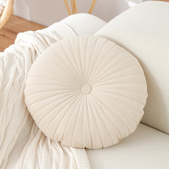 Velvet Round Throw Pillow Pleated Round Pillow Cushion Decoration for Couch Chair Bed Car(Beige)