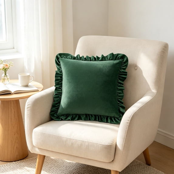 Velvet Ruffle Throw Pillow Covers Couch, Set of 1 Decorative Pillowcases with Ruffles 18x18 Inch Solid Color Shabby Chic Farmhouse Cushion Cover for Living Room Sofa Bed, Green