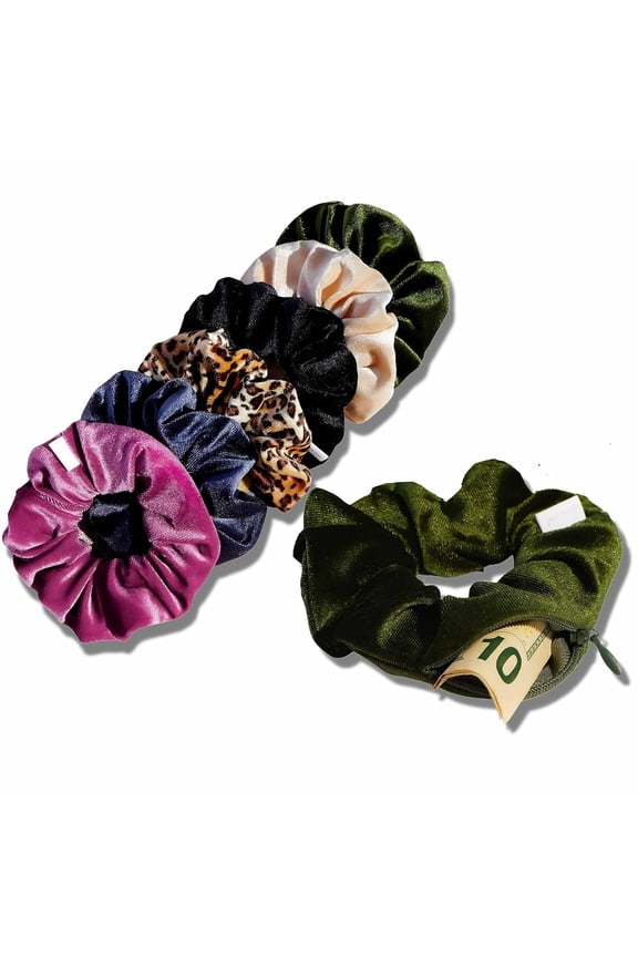 Velvet Scrunchie Set of 6 | Hidden Zipper Pocket Storage for Cash, Keys, | Women's Hair Accessory