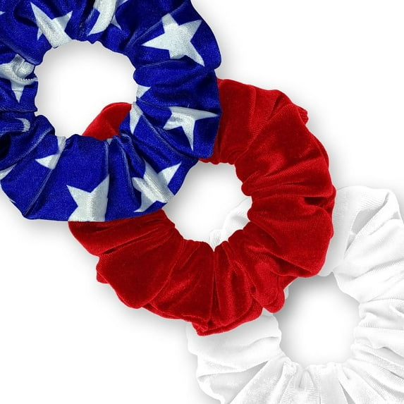 Velvet Scrunchies 3-Pack Gift Set Premium Plush Ponytail Holder Made in the USA Blue Stars Red White