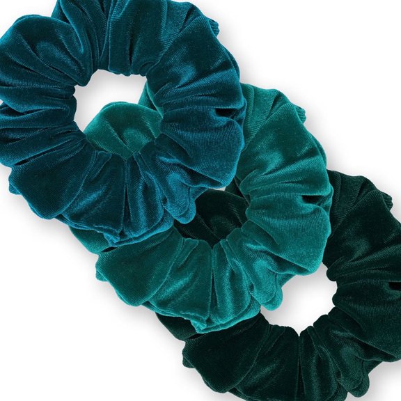 Velvet Scrunchies 3-Pack Gift Set Premium Plush Ponytail Holder Made in the USA Teal Green Dark Jade Pine Green