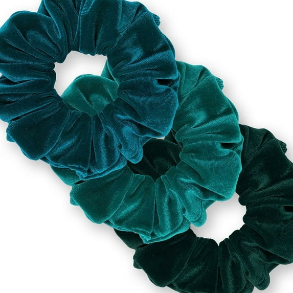 Velvet Scrunchies 3-Pack Gift Set Premium Plush Ponytail Holder Made in the USA Teal Green Dark Jade Pine Green