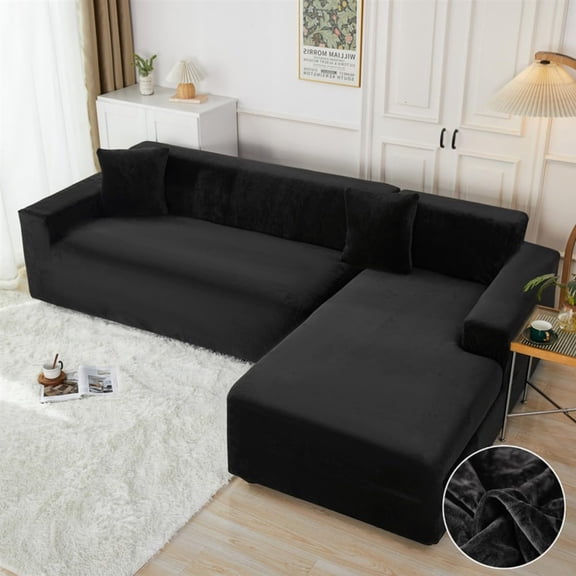Velvet Sectional Couch Covers, Stretch 1 2 3 4 Seat Sofa Cover for L-Shaped Sofa Slipcover Soft Non Slip Furniture Protector for Chaise Lounge (Black,L Shape 3 seat+4 seat)