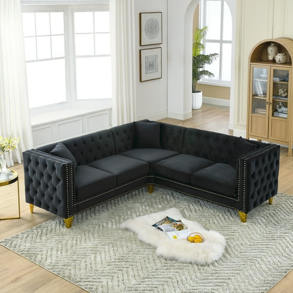 Velvet Sectional Sofa L-Shaped Couch with 3 Pillows, Modern Upholstered Corner Sofa Couch with Button Tufted and Nailhead Trim, 5-Seater Chesterfield Sofa for Living Room Bedroom Apartment, Black