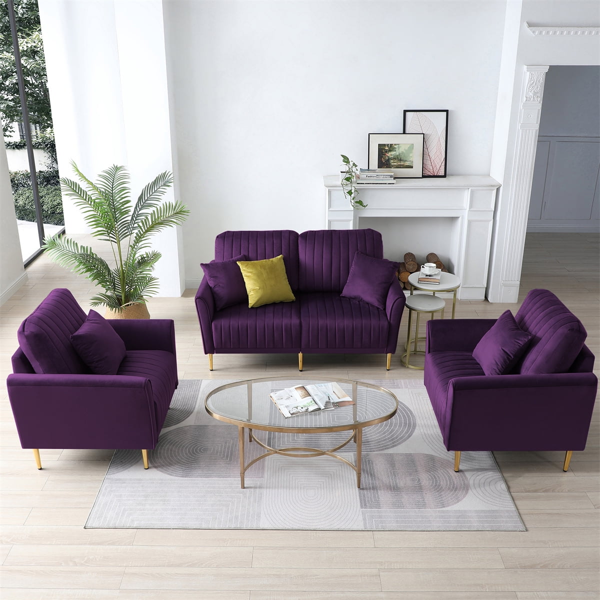 Velvet Sectional Sofa Set Modern Sectional Sofa Couch Set with 2 Pcs Single Fabric Arm Chair 1 Pc 2 Seater Sofa Loveseat Accent Sofa Side Chair for Living Room 1 1 2 Seat Sofa Furniture Purple Walmart...