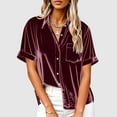 thumbnail image 1 of Velvet Shirt Women Short Sleeve Lapel Collar Dressy Blouses Holiday V Neck Tshirts with Chest Pocket Loose Fitted Button Down Top Trendy Outfits, 1 of 6