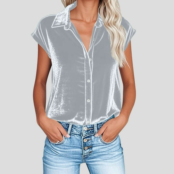 Velvet Shirt Women Short Sleeve Trendy Blouses Comfy Lapel Collar V Neck Elegant Tops Casual Loose Fitted Button Down Blouses Fashion Outfits