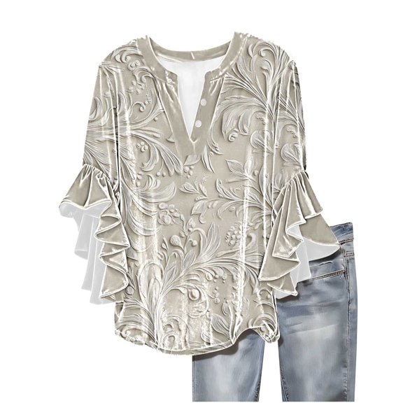 Velvet Shirts for Womens Floral T-Shirts 3/4 Sleeve Shirt Ruffle Bell Sleeves Pullover Tops Button V Neck Blouse Curved Hem Tshirts Soft Loose Fit Tee Commuting Office Work Outfits