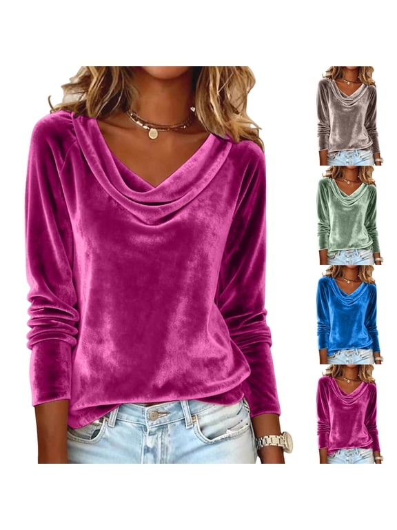 Velvet Shirts for Women Long Sleeve Draped Cowl Neck Blouses Dressy Casual Drop Shoulder Retro Velour Tops for Ladies Blue 2XL