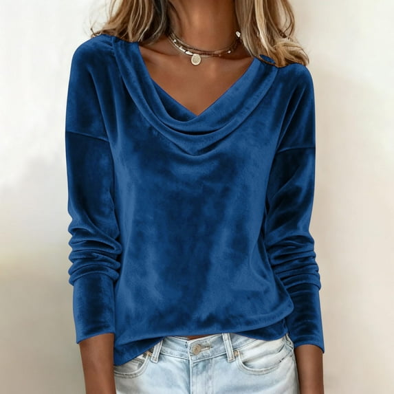 Velvet Shirts for Women Long Sleeve Draped Cowl Neck Blouses Dressy Casual Drop Shoulder Retro Velour Tops for Ladies Blue XL