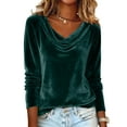 thumbnail image 1 of Velvet Shirts for Women Long Sleeve Draped Cowl Neck Blouses Dressy Casual Drop Shoulder Retro Velour Tops for Ladies Dark Green 2XL, 1 of 7