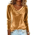 thumbnail image 1 of Velvet Shirts for Women Long Sleeve Draped Cowl Neck Blouses Dressy Casual Drop Shoulder Retro Velour Tops for Ladies Gold XL, 1 of 7