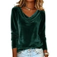 thumbnail image 1 of Velvet Shirts for Women Long Sleeve Draped Cowl Neck Blouses Dressy Casual Drop Shoulder Retro Velour Tops for Ladies Green M, 1 of 7