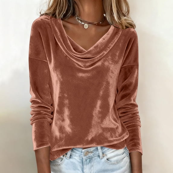 Velvet Shirts for Women Long Sleeve Draped Cowl Neck Blouses Dressy Casual Drop Shoulder Retro Velour Tops for Ladies Khaki M