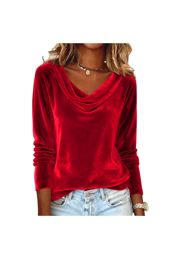 Velvet Shirts for Women Long Sleeve Draped Cowl Neck Blouses Dressy Casual Drop Shoulder Retro Velour Tops for Ladies Red M