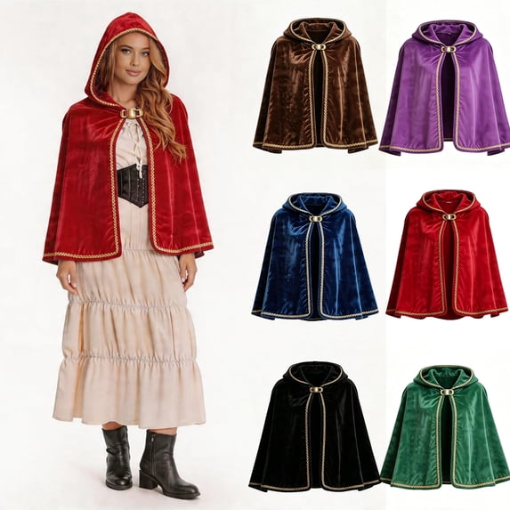 Velvet Short Cape, Halloween Cape, Halloween Costume, Costume Cape Short, Women Medieval Renaissance Hooded Cape Women Velvet Short Lace Cloak Victorian Halloween Witch Cosplay, Red One Size