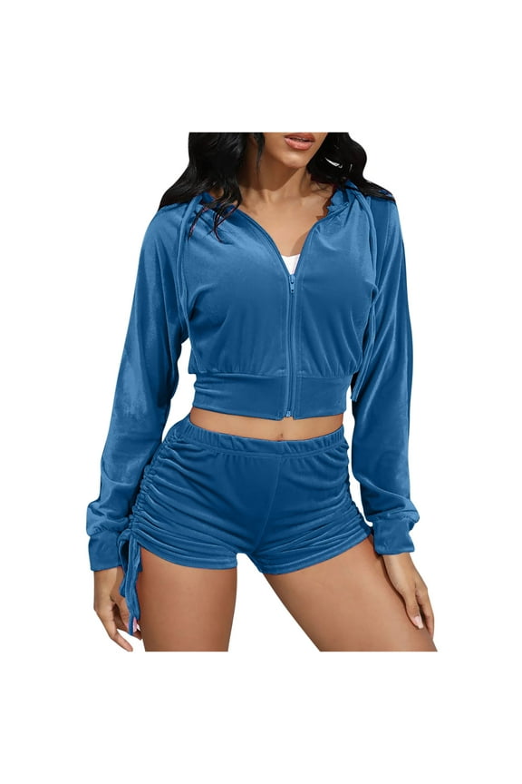 Velvet Shorts Set for Women Two Piece Full Zip Up Hoodie Jacket and Side Drawstring Shorts Crop Sweatsuits Tracksuits (S, Blue)
