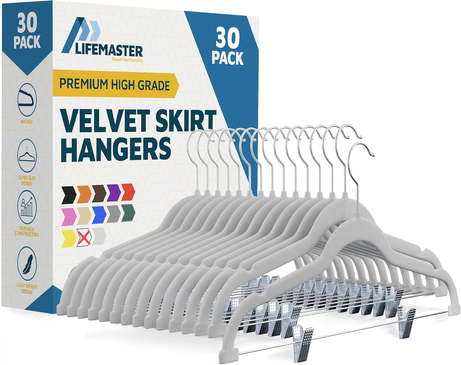 Velvet Skirt Hangers – with Adjustable Clips, 360 Degree Swivel Hook, and Non-Slip Shoulder Notch, Holds Up to 10 lbs, for Organizing Skirt, Pants, Dress, and Clothes, White