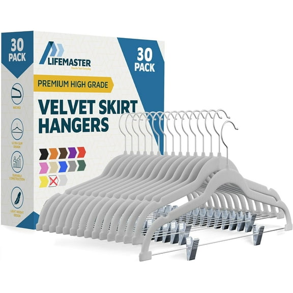 Velvet Skirt Hangers – with Adjustable Clips, 360 Degree Swivel Hook, and Non-Slip Shoulder Notch, Holds Up to 10 lbs, for Organizing Skirt, Pants, Dress, and Clothes, White