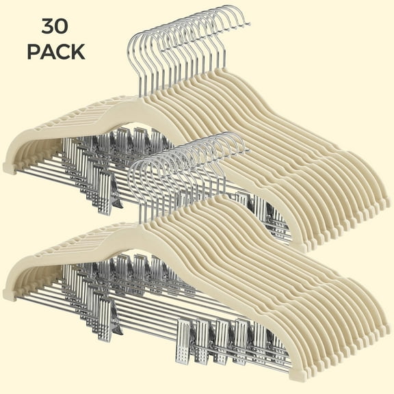 Velvet Skirt Pants Hangers 30 Packs Velvet Hangers with Adjustable Clips Non Slip Space Saving Clothes Hangers for Skirts Pant Beige