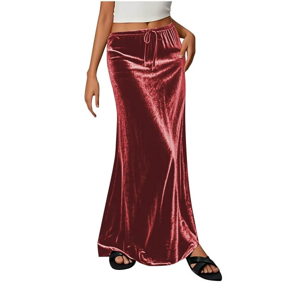 Velvet Skirts for Women Drawstring Low Rise Long Skirt Elastic Waisted Flared Casual a Line Elegant Maxi Skirts M