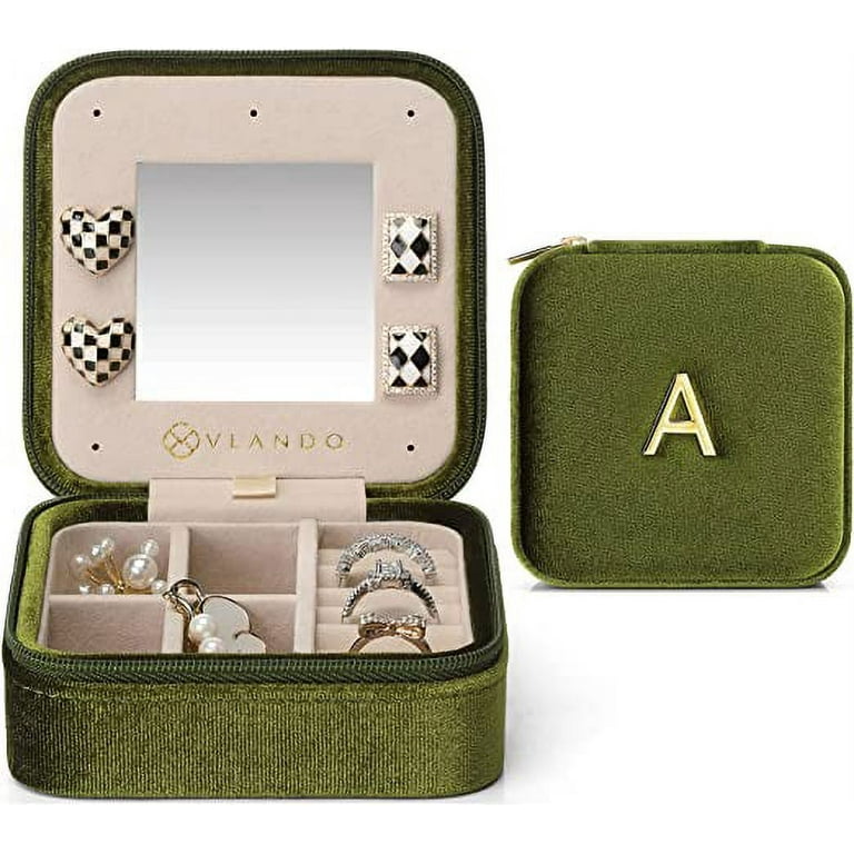 Velvet Small Jewelry Box, Initial A Letter Travel Jewelry Case for Women  Girls Mothers Valentines Day Gift, Earring Organizer Box with Mirror for  Birthday(A, Green) 