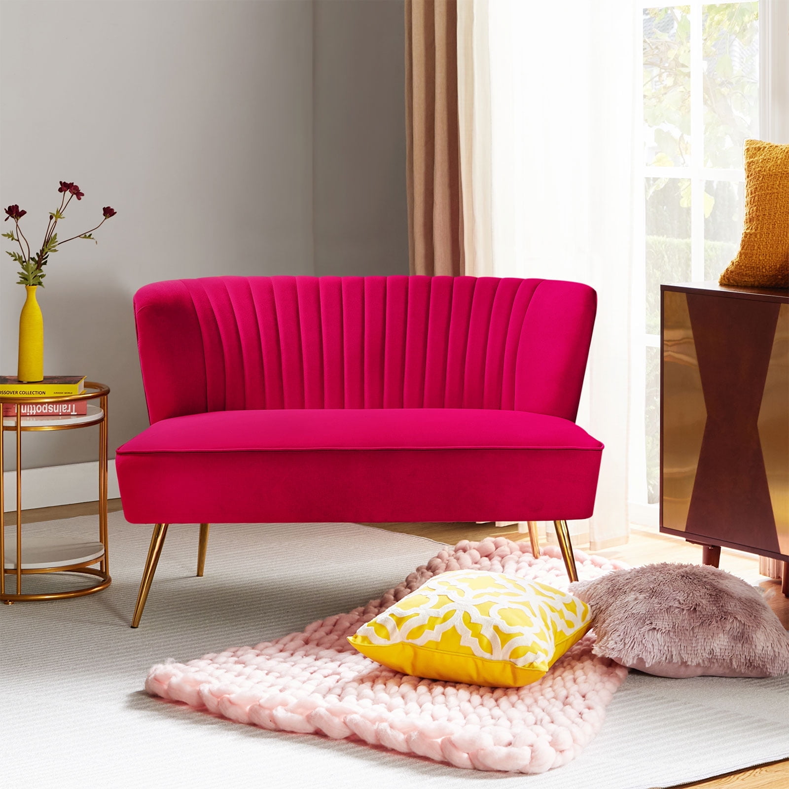 Fuchsia Velvet Loveseat with Golden Metal Legs