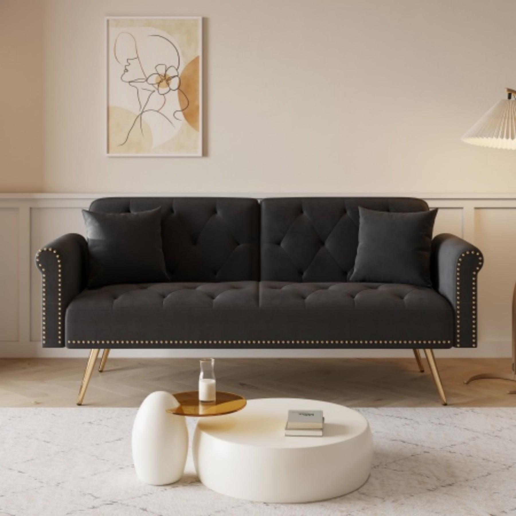 Velvet Sofa Bed, 69.7" Convertible Sleeper Sofa with Nailhead Trim & Pillow for Living Room Bedroom, Black