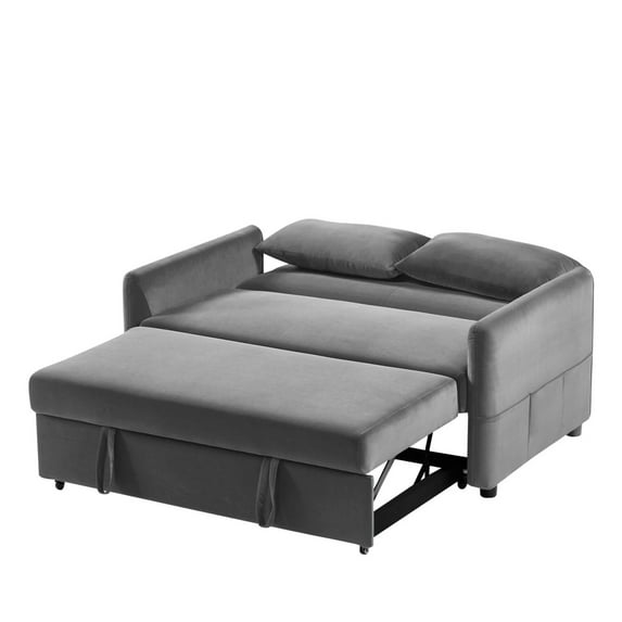 Velvet Sofa Bed with Adjustable Backrest, Convertible Sleeper Sofa with 2 Lumbar Pillows, Modern Futon Sofa with Plastic Legs for Living Room, Bedroom, Office, Grey