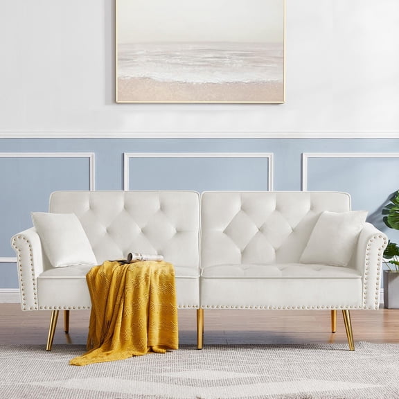 Velvet Sofa Bed,Convertible Folding Sleeper Couch with 2 Pillows,70" Tufted Loveseat Recliner with Golden Metal Legs for Living Room Apartment Office,BEIGE