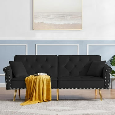 Velvet Sofa Bed,Convertible Folding Sleeper Couch with 2 Pillows,70" Tufted Loveseat Recliner with Golden Metal Legs for Living Room Apartment Office,Black