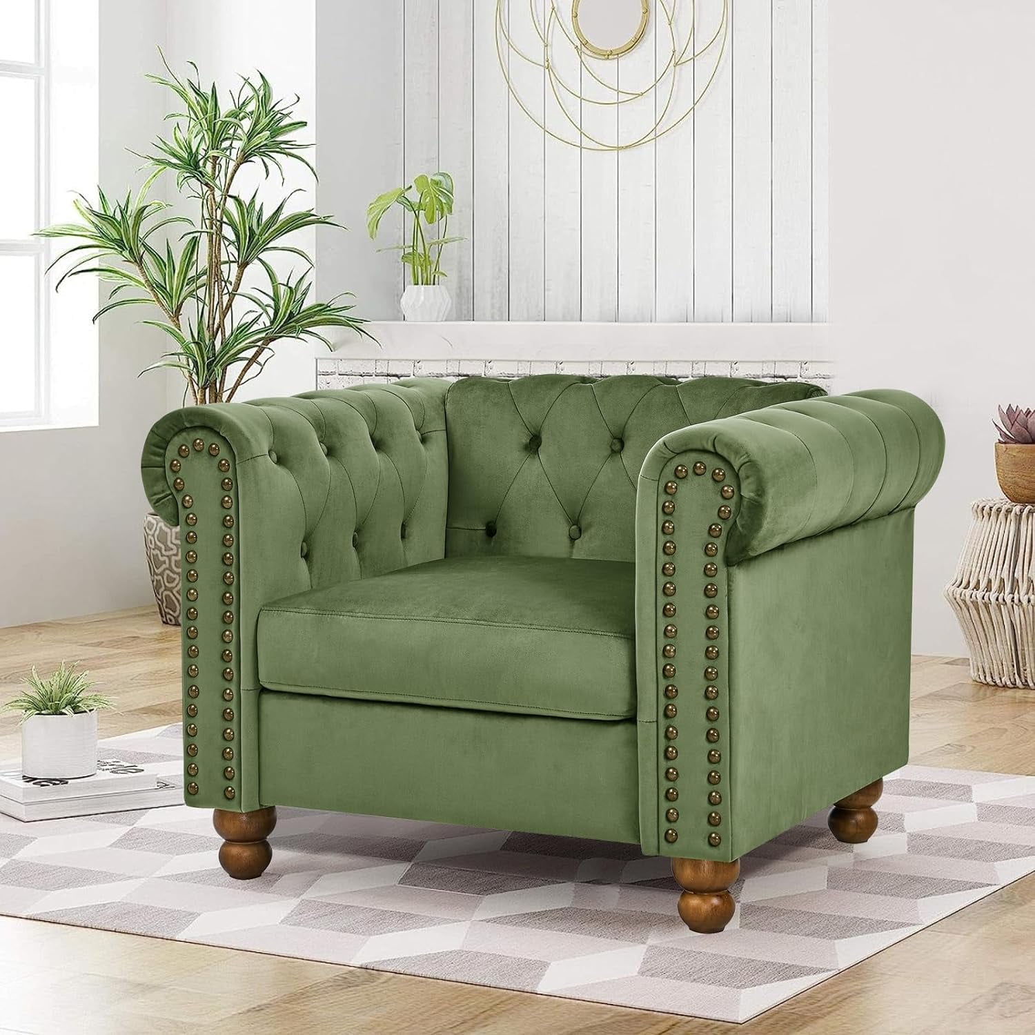 Velvet Sofa Chair Modern Accent Chair with Armrests Upholstered Single Sofa  Tufted Chesterfield Sofa with Tufted Back for Living Room Bedroom Reading Room  Green - Walmart.com, image size:1500x1500