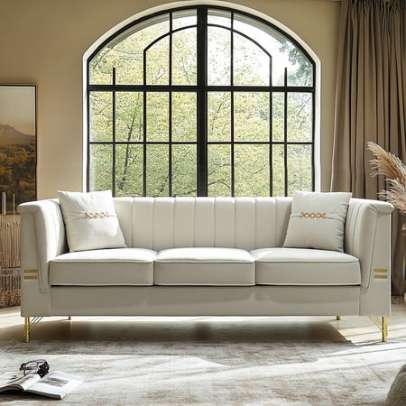 Velvet Sofa Couch for 3-4 Persons, 83" Mid-Century Modern Couch with Gold Metal Legs, Chesterfield Sofa 3 Seater Sectional Couches, Large Load Sofa Couch for Living Room Office Hotel Beige
