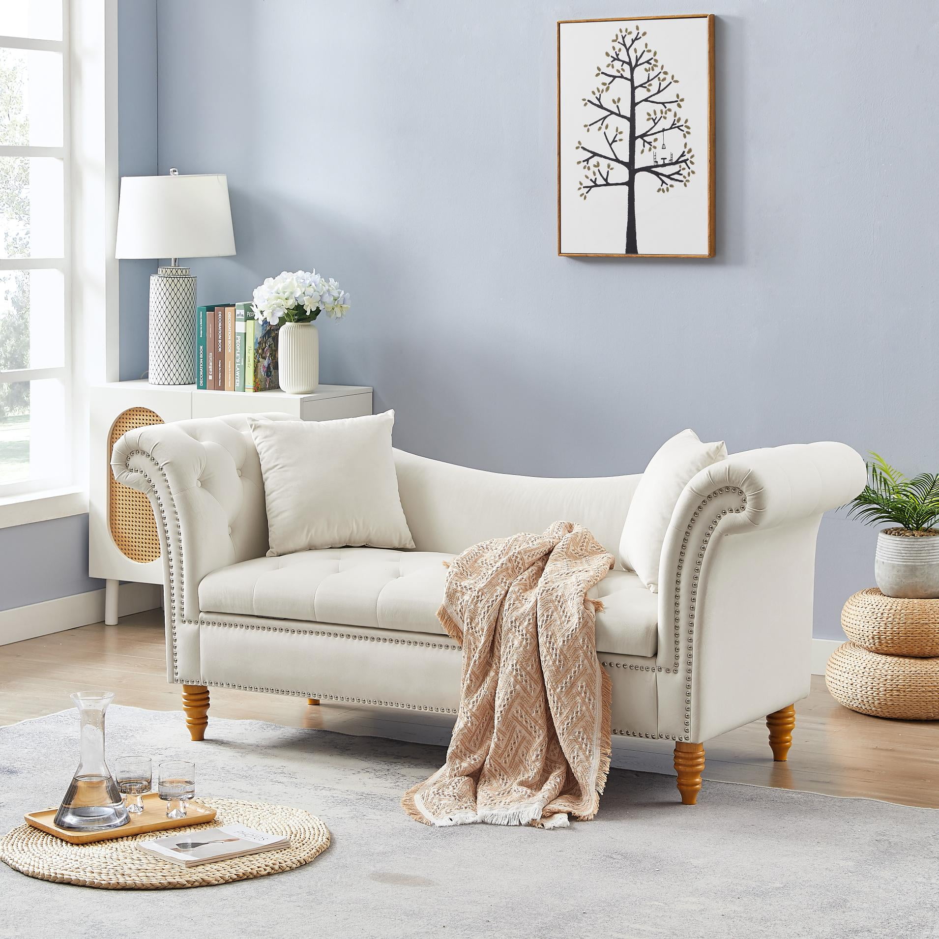 Velvet Sofa Stool with 2 Throw Pillows Small Loveseat Sofa with Hidden Storage Space Comfy Sofa Couch with Solid Wood Legs and Curved Arms for Living Room Bedroom Weight Capacity 500 LBS