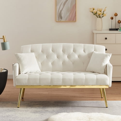 Velvet Sofa Couch with 2 Pillows Tufted Back and Gold Metal Legs for Compact Living Room 2 Seater Sofa Elegant and Timeless Design Cream White