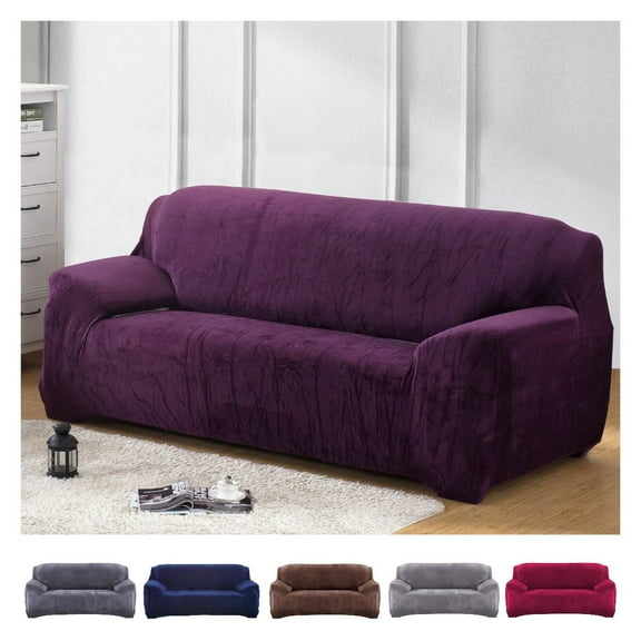 Velvet Sofa Cover 4 Seaters Plush Couch Cover Slipcover All-Inclusive Protector Washable with Non-Slip Straps, Purple