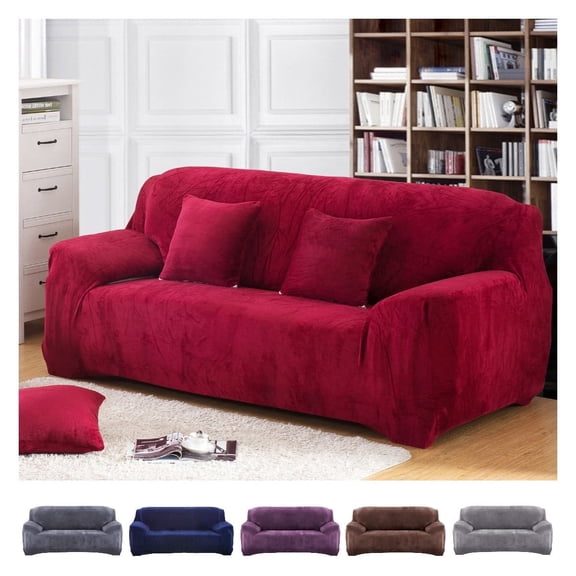 Velvet Sofa Cover 4 Seaters Plush Couch Cover Slipcover All-Inclusive Protector Washable with Non-Slip Straps, Red