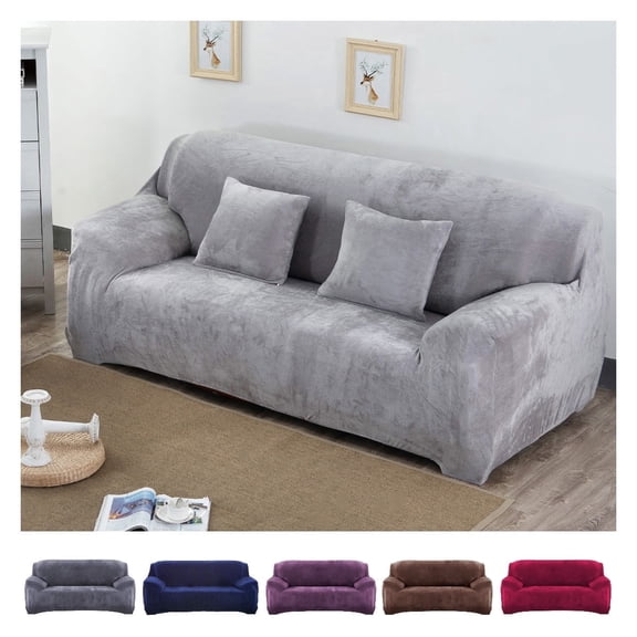 Velvet Sofa Cover 4 Seaters Plush Couch Cover Slipcover All-Inclusive Protector Washable with Non-Slip Straps, Silver Gray