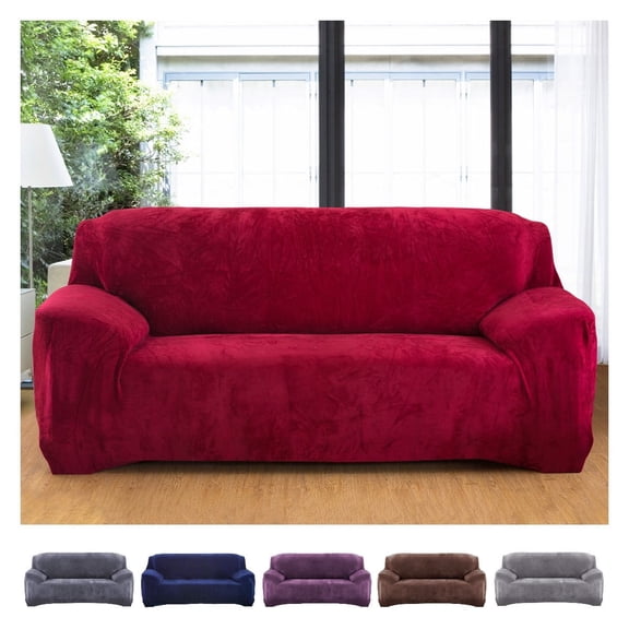 Velvet Sofa Cover Loveseat Plush Couch Cover Slipcover All-Inclusive Protector Washable with Non-Slip Straps, Red