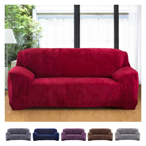 Velvet Sofa Cover Loveseat Plush Couch Cover Slipcover All-Inclusive Protector Washable with Non-Slip Straps, Red